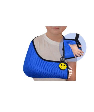 4DflexiSPORT Arm Sling Child (2-3yr blue/black trim) Medical Grade Extra Deep Feel-safe Easy-fit Cooling Ultra-comfort Includes Smiley Sticker. Fits R or L arm.