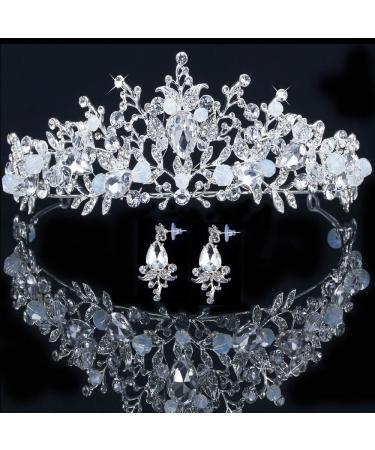 mesfugw White Tiaras and Crowns for women Pageant Crowns for Women and Girls Crown with Earring Princess Crown Pageant Tiara Princess Tiara and Crown for Women Girls White with gift box packing