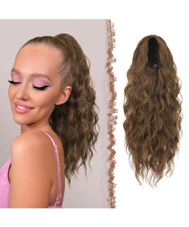 Feshfen ponytail hair part with cord strain long waves braid extension hair extensions synthetics wavy hair extension clip in ponytail for women 45 cm chestnut brown