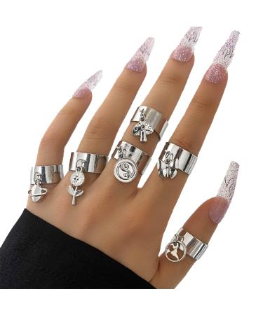 Yienate Punk-Zeichfingerring with eight triggers mushroom butterfly card trailer open finger ankle adjustable stackable open ring hand dishes 6 pieces for women and men