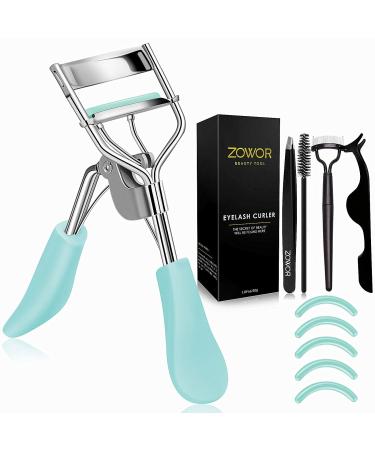 Zowor Eyelash Curler with Comb and Brush Fit All Eye Shape Curved Eyelash Curlers with 5PCS Silicone Refill Pad Natural and Long Lasting Lash Curler for Women Make Up Gift(Blue)