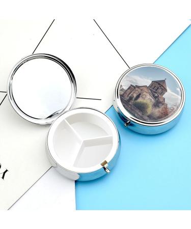 Round Pill Box with Armenian Church Print | 3 Compartment Metal Pill Organizer | Decorative Portable Pocket Case - Buy Online on GoSupps.com