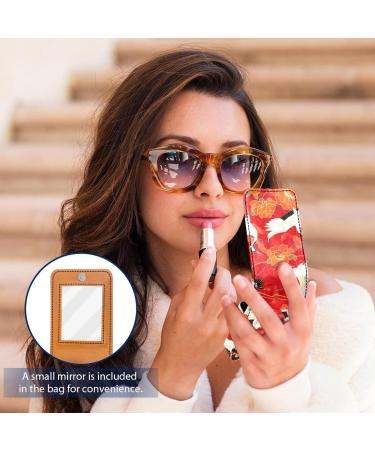 Stylish Leather Lipstick Case with Mirror | Mini Lip Gloss Organizer - White Crane Peony Flower Design - Buy Online on GoSupps.com
