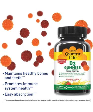 Country Life Vitamin D3 Gummies 1000 IU | Immune Health Support | Strawberry & Orange Flavor | 60 Count | Gluten Free & Vegetarian | Pack of 1 - Buy Online on GoSupps.com