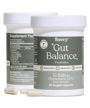 SAVVY Gut Balance Probiotics for Women & Men, 15 Billion CFU, 7 Clinically Studied Strains, Digestive Health, Immune Support, Bloating Relief, 60 Vegan Capsules, Non GMO, Sugar-Free