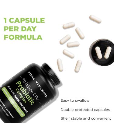 Vital Vitamins Probiotic Complex for Men & Women - 70 Billion CFU - Made with Prebiotic Blend - Digestive Gut Health & Immune Support - Powerful Blend of 10 Strains - 30 Capsules 30 Count (Pack of 1) - Buy Online on GoSupps.com