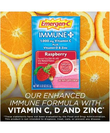 Emergen-C Immune+ Raspberry Fizzy Drink Mix - 1000mg Vitamin C, D & Zinc for Immune Support - Antioxidants & Electrolytes - 10 Pack - Buy Online on GoSupps.com