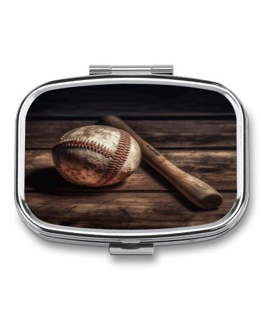 Pill Box Baseball on Wooden Print 2 Compartment Medicine Pill Case Pill Organizer Decorative Metal Portable Pill Box for Pocket Or Purse Style