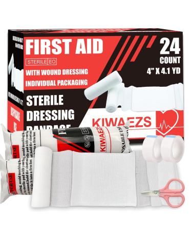 24 Pack Sterile Gauze Rolls Bandages 4in x 4.1 yd (with Large sterile Gauze pad) Professional Wound Care Latex-Free Elastic Bandage Wound Care Supplies Medical Supplies First aid Supplies.