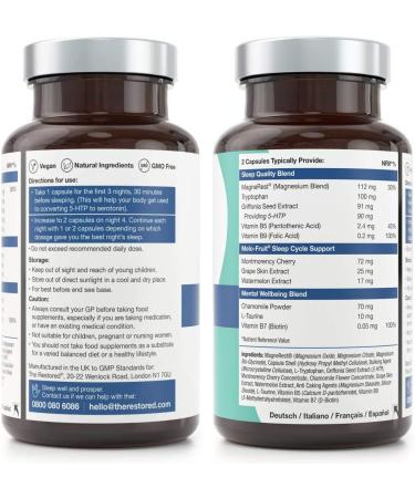 Restored Sleep Supplement with 5HTP, Magnesium & Chamomile - 60 Vegan Capsules, Non-GMO & Made in UK - Buy Online on GoSupps.com