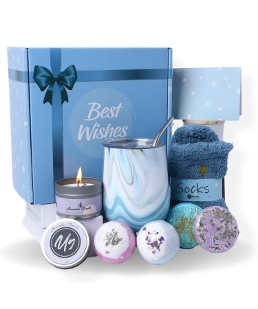 Birthday Gifts for Women Relaxing Spa Care Package with Wine Tumbler Bath Bombs Candle & Socks Self Care Gift Box for Her