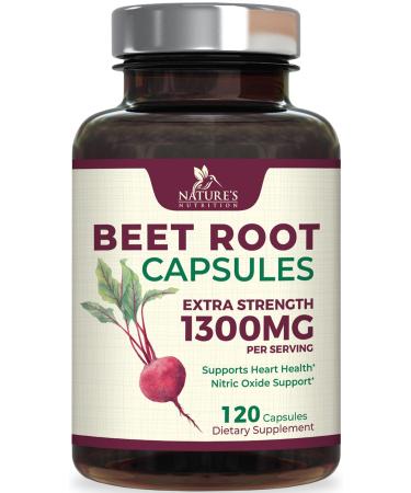 Beet Root Capsules 1300mg - Extra Strength Red Beetroot Powder Supplement Supports Nitric Oxide Production Heart Health & Natural Energy Non-GMO Vegan Gluten Free 120 Veggie Capsules 120 Count (Pack of 1)