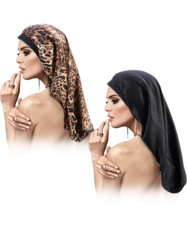 2 Pieces Sleeping Bonnet for Braids  Long Satin Bonnet Sleep Cap Soft Elastic Band Loose Cap Bonnets for Long Hair  Braids  Dreadlocks  Curly Hair (Leopard Print)