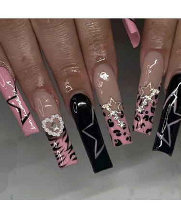 Long Press on Nails Square Pink French Tips Fake Nails with Star Charms & Heart Pearl Designs Glossy Glue on Acrylic Nails Full Cover Black Squoval Y2K False Nails for Women Girls 24Pcs C-21Pink Black Star