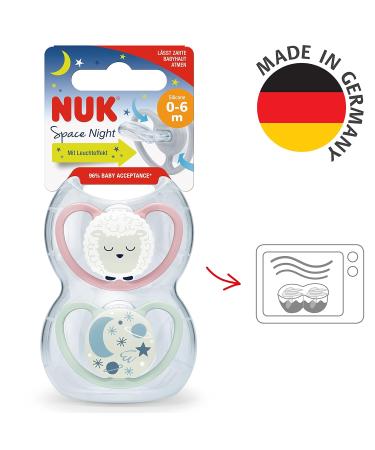 Nuk Space Schnuller - BPA-Free Silicone Pacifier with Light Effect & Extra Ventilation | 0-6 Months | Sheep & Moon Design | 2 Pack in Pink - International Shipping Available - Buy Online on GoSupps.com