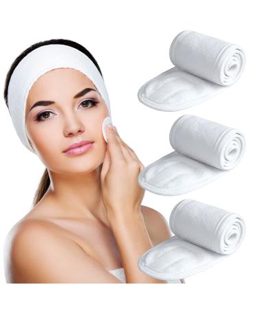3 Pack Makeup Headband, Denfany Ultra Soft Adjustable Spa Facial Headbands Terry Cloth Stretch Make Up Wrap for Face Washing, Shower, Facial Mask, Yoga (White+White+White)