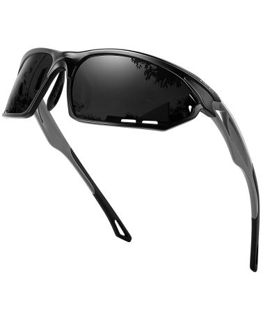 BIRCEN Polarized Sport Sunglasses for Men - Women UV Protection Shades for Motorcycle Golf Baseball Cycling Fishing Driving F-grey Frame Black Lens