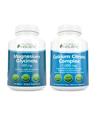 Magnesium Glycinate 400mg + Calcium Citrate 1000mg with Parsley Dandelion & Watercress - Vegan Bundle - 270 Tablets & 365 Capsules - Buy Online on GoSupps.com