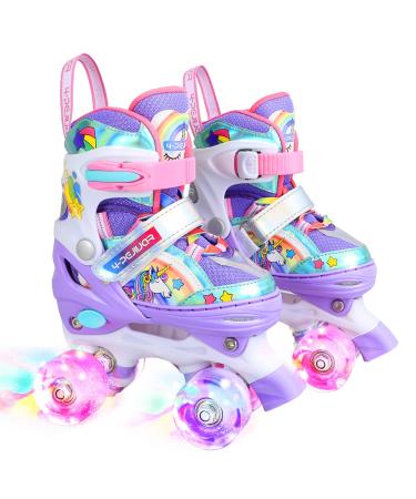 Rainbow Unicorn Kids Roller Skates for Girls Boys Toddler Ages 3-6,4-Pejiijar Adjustable Roller Shoes with Luminous Wheels for Birthday Xmas Gifts Small(10-13J) Purple