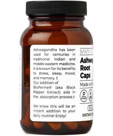 Santa Cruz Paleo Ashwagandha Root with BioPerine Herbal Supplement for Focus Stress Support Adaptogen for Men and Women Gluten Free Vegetarian Keto Friendly 600MG Capsules 60 Count - Buy Online on GoSupps.com