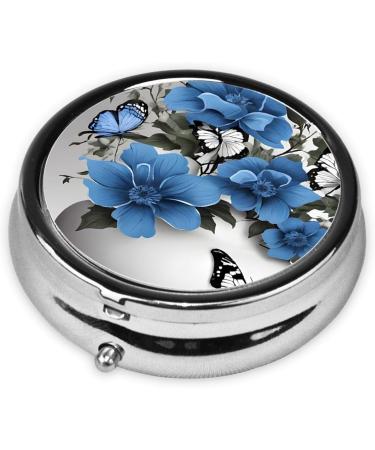 Shop Gray Teal Flower Butterfly Round Pill Box | 3 Compartment Portable Travel Medicine Organizer - Buy Online on GoSupps.com
