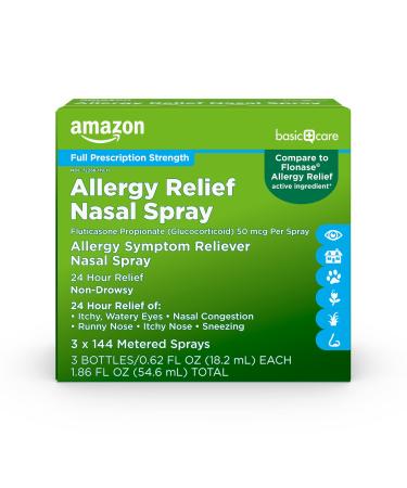 Amazon Basic Care 24-Hour Allergy Relief Nasal Spray, Fluticasone Propionate (Glucocorticoid), 50 mcg Per Spray, Full Prescription Strength, Non-Drowsy.62 Fl Oz (3 Pack) 0.62 Fl Oz (Pack of 3)