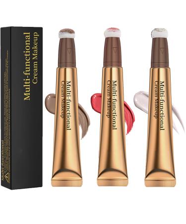 3pcs Contour Beauty Wand Blush Highlighter Contouring Stick Set With Cushion Applicator Liquid Cream Face Rouge Bronzer Luminizers Pen Trio Smooth Blendable Moisturizing Waterproof Makeup (020405)