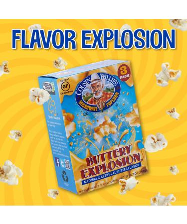 Cousin Willie's Buttery Explosion Microwave Popcorn Bags (4 Boxes, 12 Bags) - Gourmet Snack, Whole Grain, Gluten Free, Low Calorie - Made in USA, Non-GMO - Buy Online on GoSupps.com
