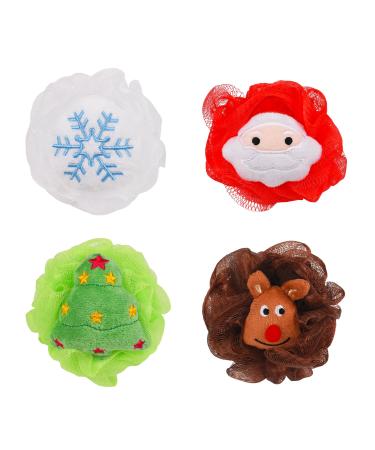 MFUOE 4 Pieces Christmas Bath Sponges Exfoliating Bath Sponges for Shower Santa Claus Christmas Tree Elk Snowflake Pattern Bath Sponge for Scrubbies That Remove Excess Oil and Dirt
