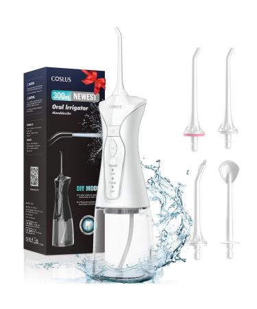 COSLUS Water Dental Flosser Portable Oral Irrigator 300ML 4 Modes Rechargeable Tooth Flosser for Teeth Braces Waterproof Irrigation Cleaner with 4 Jet Tips for Travel Home Cleaning (White)