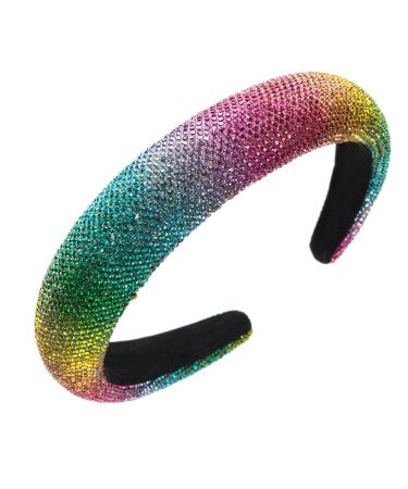 Wide Rhinestone Headband for Women Rainbow Sparkly Headband Crystal Embellished Beaded Glitter Headbands for Dressy Women Girls Birthday Party Mother's Day