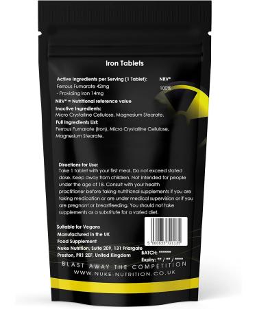 Nuke Nutrition Iron Tablets 14mg - 60 Gentle Iron Supplements | High Strength for Women & Men | Vegan Iron Capsules for Health Boost - Buy Online on GoSupps.com
