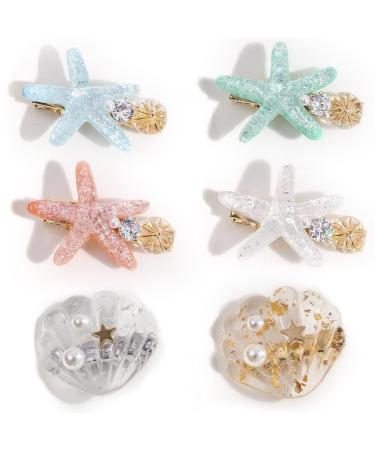 6Pcs Girl Hair Clip Artificial Ocean Pearl Shell Starfish Clip Diamond Super Flash Edge Clip Temperament Bangs Clip Hair Ornament Headdress