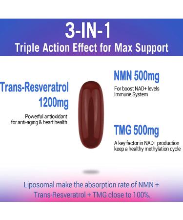 Liposomal 2200mg High Dose Softgel with NMN 500mg, Trans-Resveratrol 1200mg, TMG 500mg - 3-in-1 Antioxidant for Anti-Aging, Cell Repair - 120 Softgels (2 Pack) - Buy Online on GoSupps.com