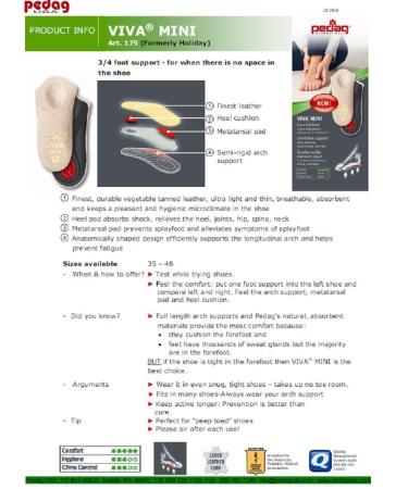 Pedag Viva Mini Orthotic - Semi-Rigid Arch Support, Metatarsal & Heel Pad - Leather, Tan - Size US W11/M8/EU41 - Buy Online on GoSupps.com