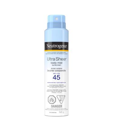 Neutrogena Ultra Sheer Body Mist Sunscreen Spray SPF 45 for UVA/UVB Broad Spectrum Sun Protection Lightweight Water-Resistant Oil-Free & Non-Comedogenic Oxybenzone-free 141g 141 g (Pack of 1) SPF 45 Sunscreen Spray