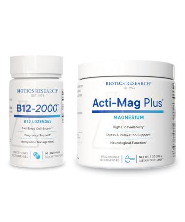 Biotics Research B12-2000 Lozenges & Acti-Mag Plus Powder High Potency Vitamin B12 B6 Folate & 400mg Magnesium Methylation Energy Relaxation Heart & Muscle Support - 60 Lozenges + 7 oz