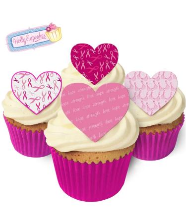 12 Edible Breast Cancer Research Heart Cake Decorations Plus 12 Smaller Pretty Heart Toppers! - Buy Online on GoSupps.com