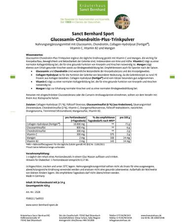 Sanct Bernhard Glucosamin-Chondroitin-Plus Powder - 30 Portions | Glucosamine Chondroitin Collagen Vitamins | Lab-Tested German Quality - Buy Online on GoSupps.com