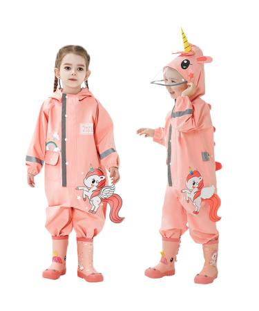 Fewlby Kids Puddle Suit Rain Suit Boys Girls All in One Waterproof Overalls Toddler Muddy Suit Hooded Raincoat Rainwear Cartoon Romper L Size 4-5 Years L/4-5 Years Pink