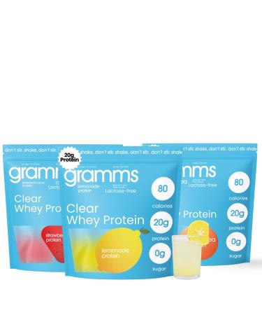 GRAMMS Clear Protein Variety Pack | Lemonade Strawberry & Peach Tea | 20g Protein Grass-Fed Whey Isolate Zero Sugar Zero Lactose Protein for Women (18 Servings)
