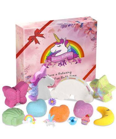 9 Unicorn Rainbow Bath Bombs Gift Set with 5 Surprise Toys Inside for Women Kids, Organic Handmade Essential Oils Bubble Bath Bombs Gift Set Spa Fizz Kit for Girls Boys