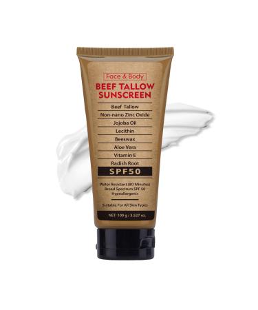 Beef Tallow Sunscreen for Face Body Tallow Sunscreen SPF 50 Water-Resistant for Summer Outdoor Travel 3.52 OZ 1PCS