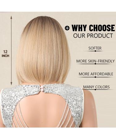 Esmee Short Straight Blonde Bob Wig with Fringe - Shoulder Length Synthetic Cosplay Ombre 12 Inch - Buy Online on GoSupps.com