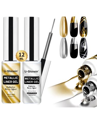 2x12ml Metallic Mirror Painting Gel Nail Polish Silver & Gold Metal Painted Drawing Gel with Build in Thin Brush Chrome Gel Polish Nail Art Gel Liner Soak Off Nail Art Manicure Mirror Silver+Gold