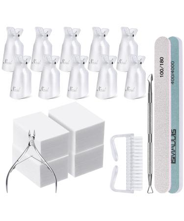Gel Nail Polish Remover Tools Kit, TsMADDTs 10pcs White Nail Polish Remover Clips with Cuticle Kit Trimmer Pusher, 300pcs Nail Cotton Pads, Nail Brush, Nail File 100/180, 400/4000 Grit