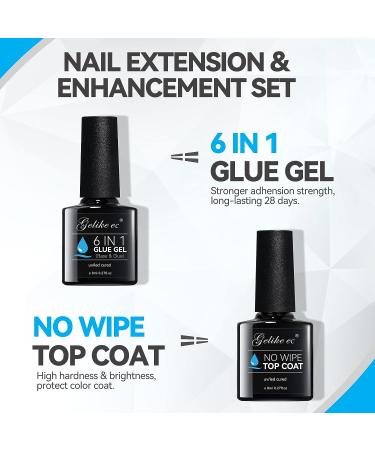 Gelike EC 6 in 1 Nail Glue Base Gel and Top Coat Kit - 2PCS Set for Long Lasting, Stain Resistant Nails - No Wipe Top Coat for Super Shiny Finish - Buy Online on GoSupps.com