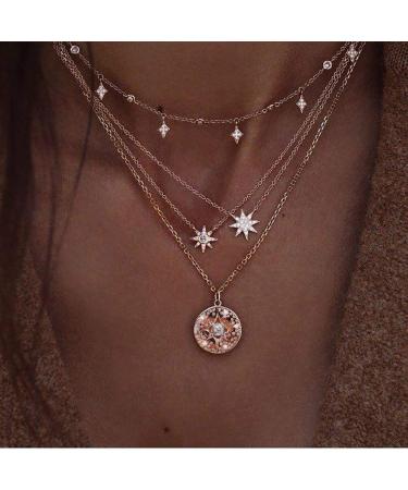 DoubleNine Multilayer Necklace Sun Star Golden Crescent Pendant Gold Medal Sequins Women Crystal Necklace Layered Delicate Collar Women Girls Bride Jewelry