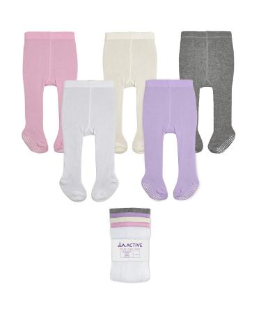 LA Active Baby Tights - Cozy Warm Winter Tights - Baby Toddler Infant Newborn Non Skid/Slip Grip Cotton 3-6 Months Pink / White / Ivory / Lavender / Grey - 5 Pairs