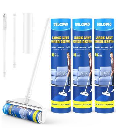 Large Lint Rollers for Carpet, Sticky Rollers for Floor DELOMO 9.45 in with 3 Extendable Handle,Long Handle Sticky Mop for Cleaning Carpets, Cars, Clothing, and Pet Hair White